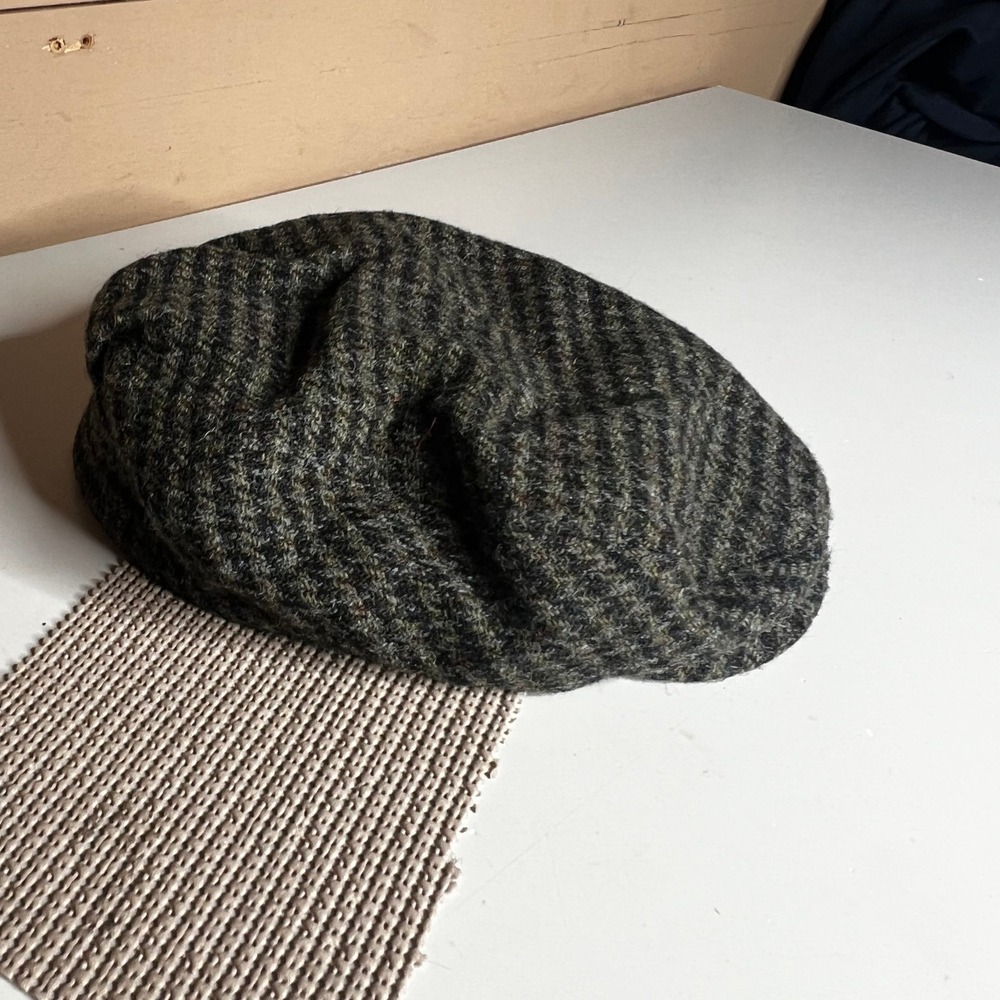 LL Bean Harris Tweed Gore-Tex Flat Cap Green Grey Wool Herringbone XXL 0RP41